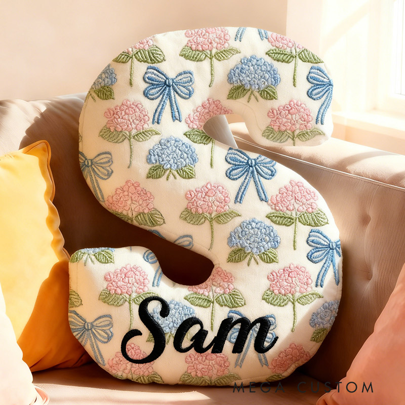 Personalized Hydrangea Letter Letter Pillow Graphic 3D Print Bow and Hydrangea Custom Name Pillow for Gardening Lovers