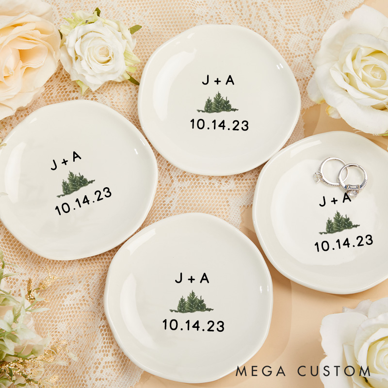 Personalized Minimalist Evergreen with Initials and Date Wedding Engagement Irregular Round Ring Dish
