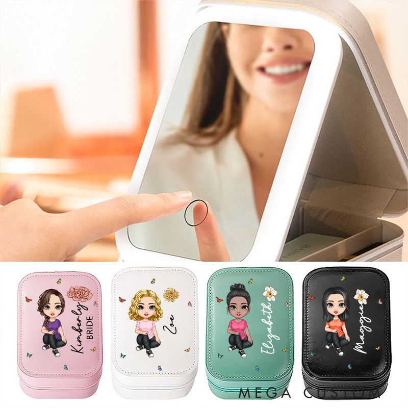 Personalized Cartoon Character Birth Flower Leather Jewelry Box with LED Three-color Makeup Mirror Bridesmaid Gift For Woman