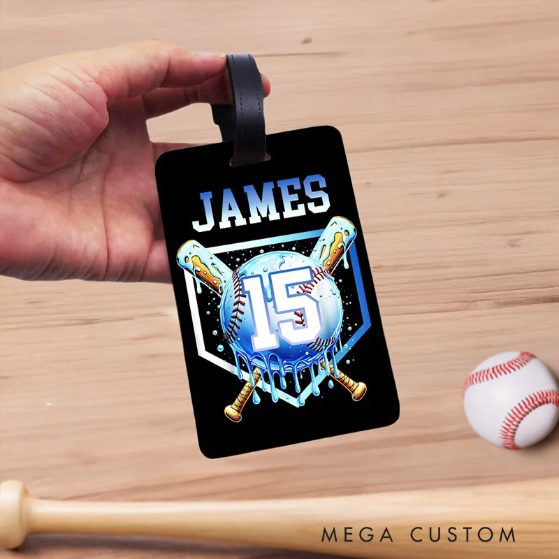 Personalized Ice Cream Dripping Baseball Luggage Tag with Name and Number Travel Accessories Team Gift for Baseball Players Lovers