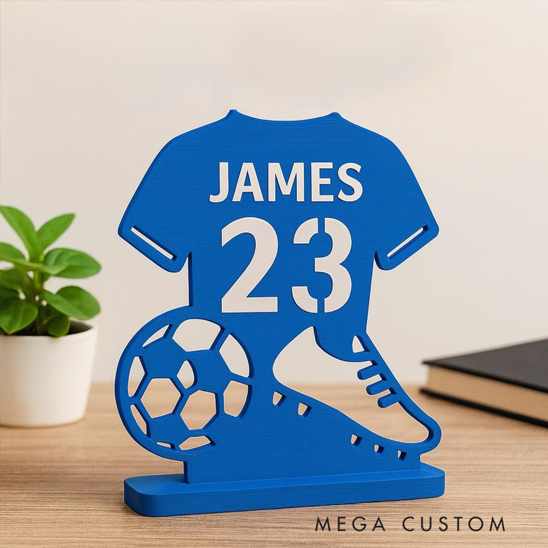 Personalized Soccer Jersey Desk Sign 3D Print Soccer Room Accessory Gift for Him or Her