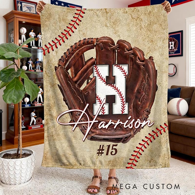 Personalized Baseball Lover’s Throw Blanket with Baseball Glove Design with Initials Name and Number Gift for Baseball Enthusiasts