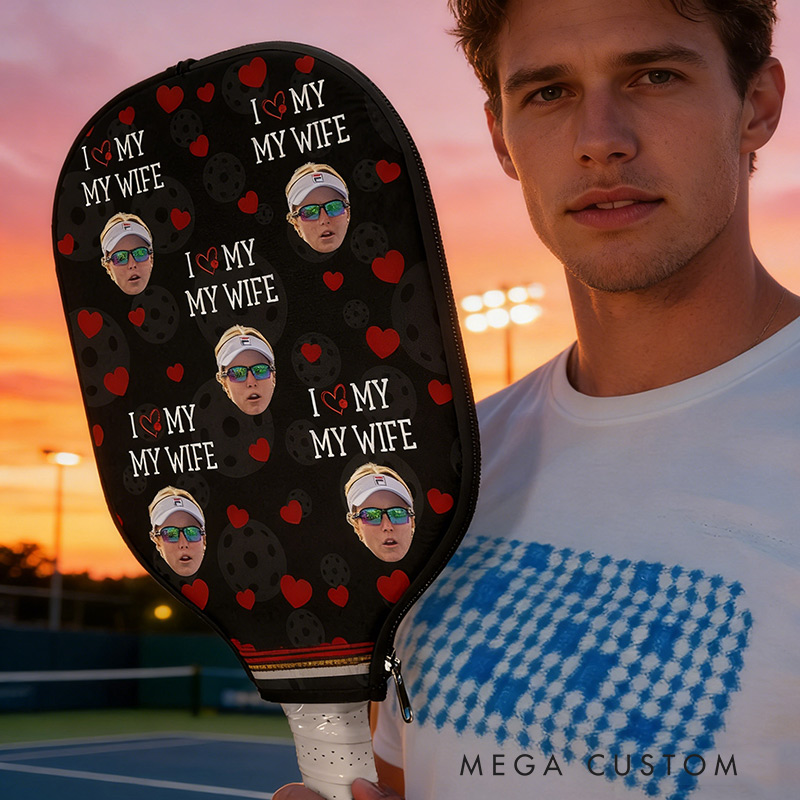 Personalized Photo Pickleball Paddle Cover I Love My Wife Custom Funny Face Valentine's Day Gift 
