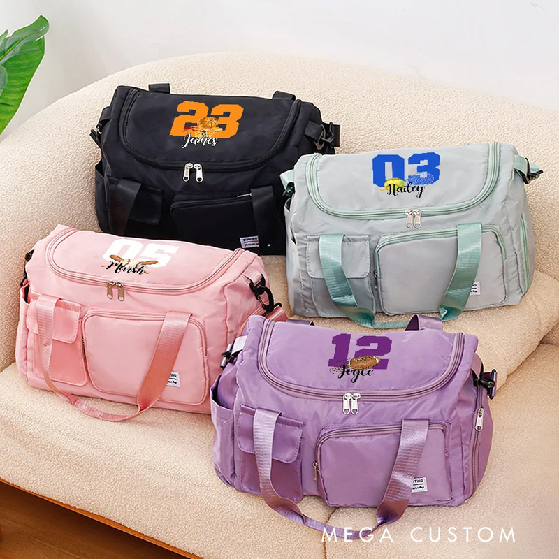Personalized Ball Sports Name Number Large Travel Bag with Multiple Compartments and Shoulder Straps Birthday Back to School Gift for Sport Lover