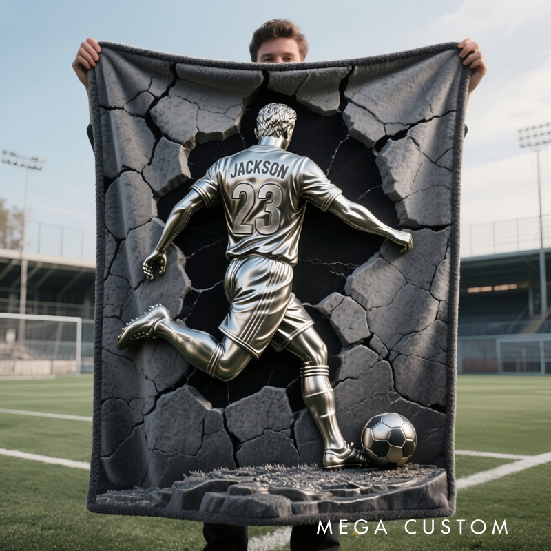 Personalized Soccer Blanket 2D Metallic-Style Soccer Print with Soccer Player Name And Number 