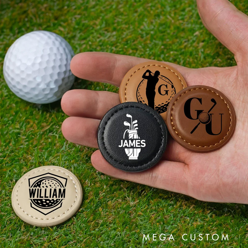 Personalized Golf Silhouette Monogram PU Leather Magnetic Golf Ball Marker with Initial and Name Birthday Father's Day Gift for Golf Lovers