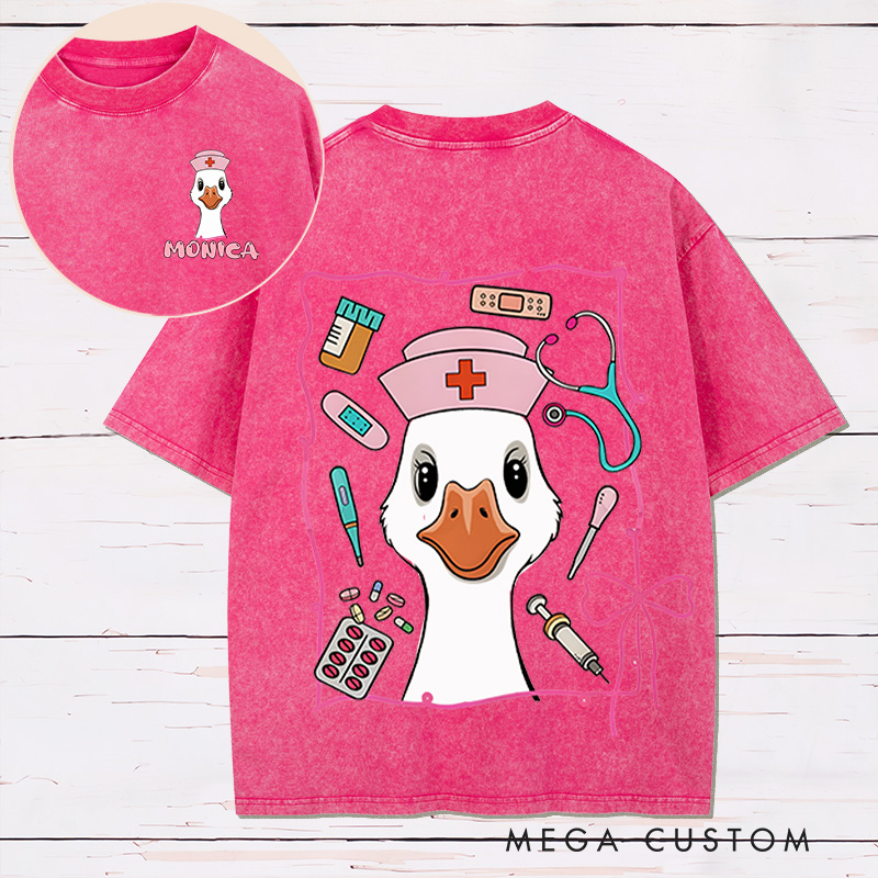 Personalized Two Sides Printed Washed T-Shirt Customized Nurse Goose with Medical Tools Cute Design Washed T-Shirt 