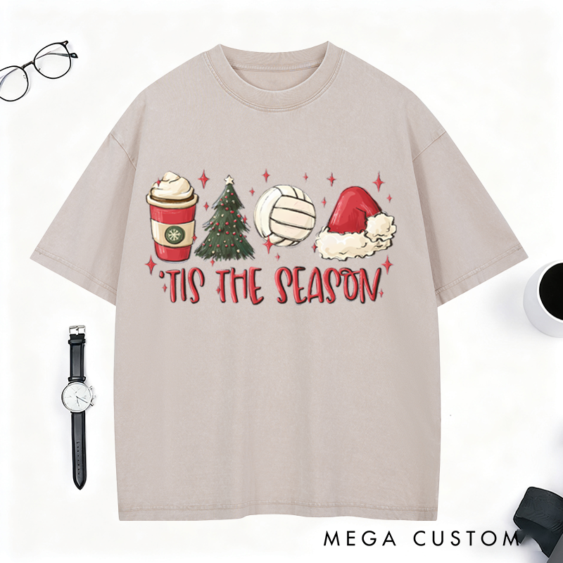 Personalized Washed T-Shirt – Festive Volleyball Design with Holiday Elements