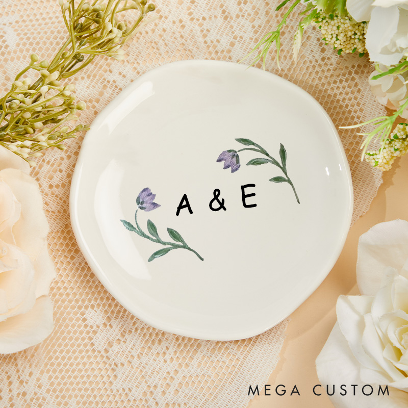 Personalized Watercolor Purple Tulip with Initials Wedding Engagement Irregular Round Ring Dish
