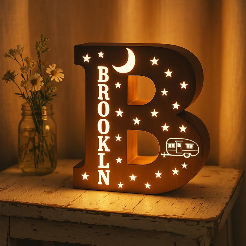 Personalized Wooden Night Light Custom Name Initial LED Night Light Gifts for Outdoor Camping