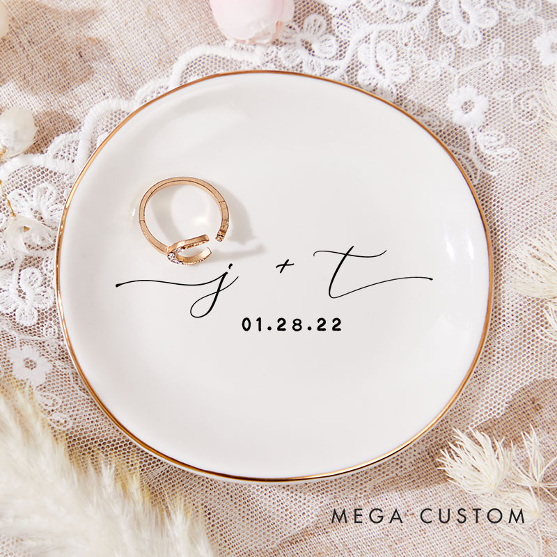 Personalized Minimalist Initials with Date Wedding Engagement Gold-Trimmed Irregular Edge Round Ring Dishes