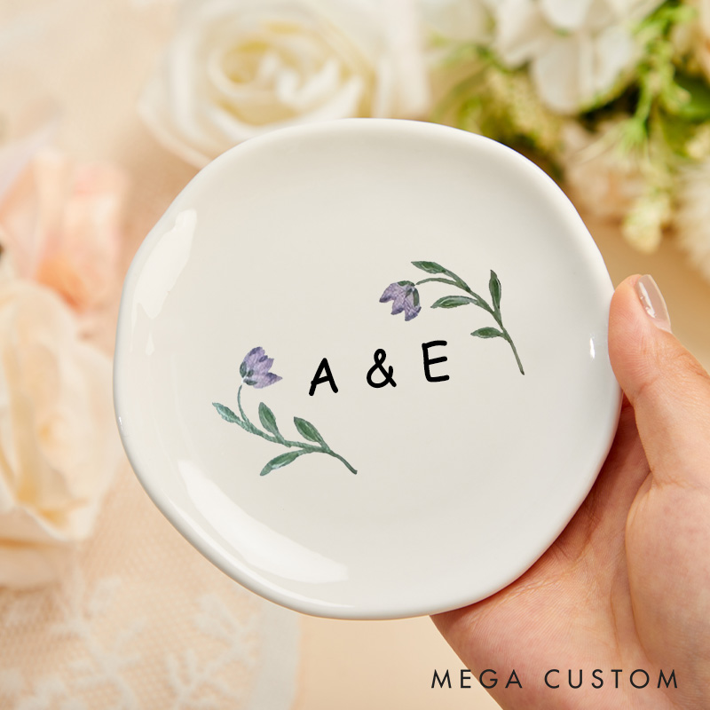 Personalized Watercolor Purple Tulip with Initials Wedding Engagement Irregular Round Ring Dish