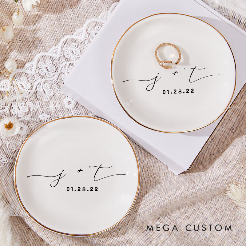 Personalized Minimalist Initials with Date Wedding Engagement Gold-Trimmed Irregular Edge Round Ring Dishes