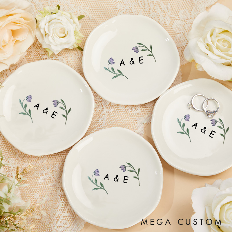 Personalized Watercolor Purple Tulip with Initials Wedding Engagement Irregular Round Ring Dish