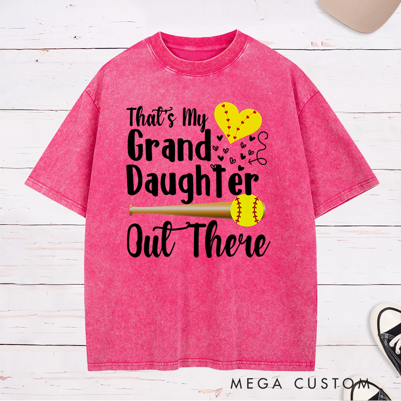 Personalized Softball Support Washed T-Shirt Design Featuring Customizable Text for Granddaughter or Other Titles Bold Typography Heart-Shaped Stitching Graphic Softball Bat and Ball Elements