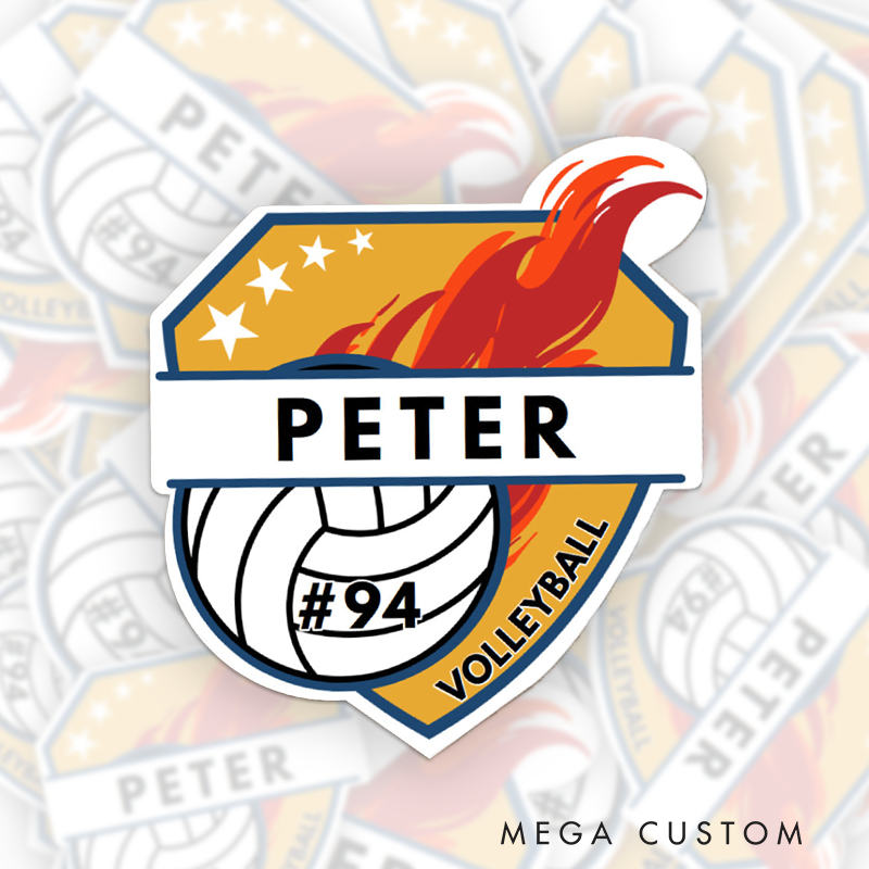 Personalized Volleyball Fire Sticker with Custom Player Name and Number for Athlete Sticker