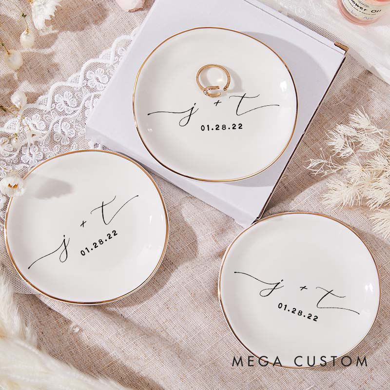 Personalized Minimalist Initials with Date Wedding Engagement Gold-Trimmed Irregular Edge Round Ring Dishes