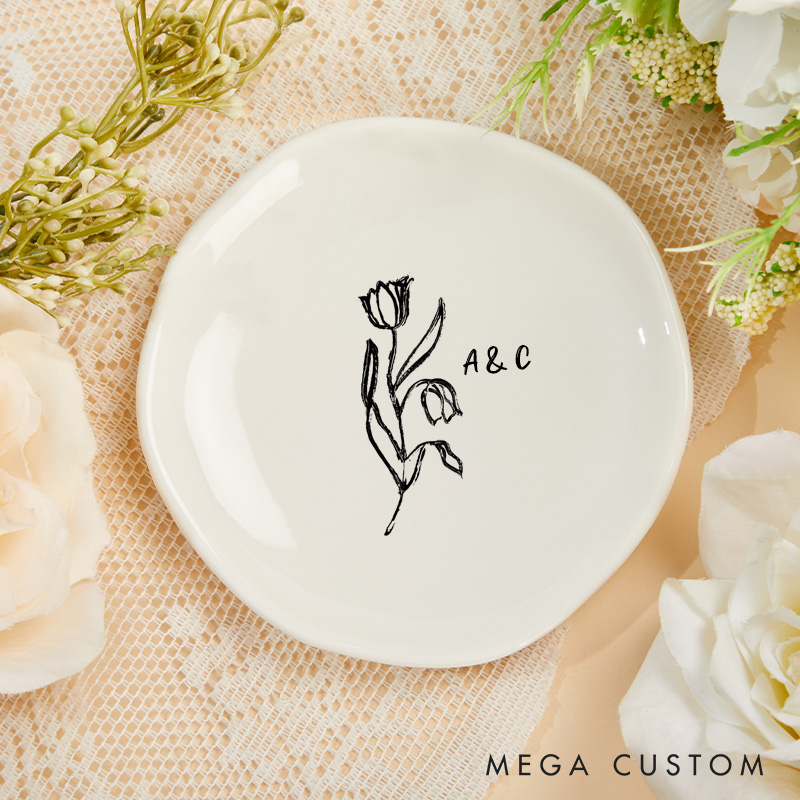 Personalized Artistic Floral Tulip Initials with Date Wedding Engagement Irregular Round Ring Dish