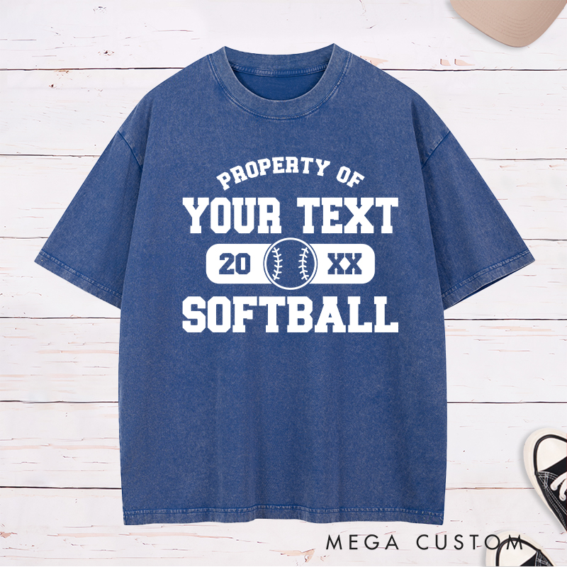 Personalized "Property of" Softball Washed T-Shirt Design Featuring Custom Text Year and Central Softball Graphic for a Classic Team Look