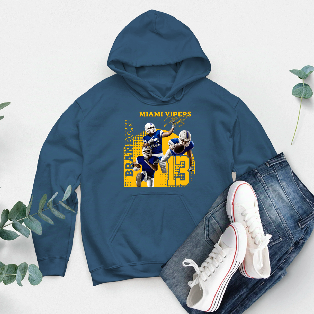 Personalized American Football Hoodie with Custom Photo, Name, Team Name, and Number Design