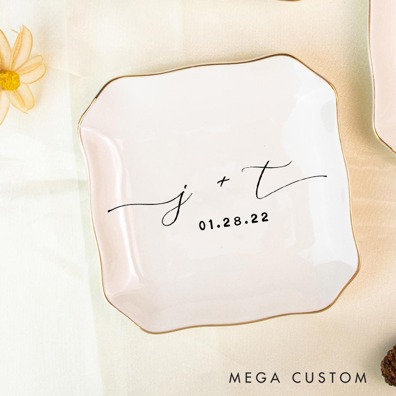 Personalized Minimalist Initials with Date Wedding Engagement Gold-Trimmed Irregular Edge Square Ring Dishes