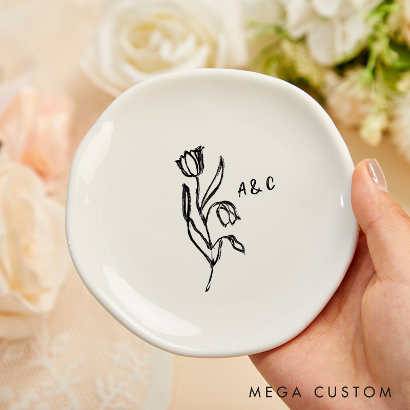 Personalized Artistic Floral Tulip Initials with Date Wedding Engagement Irregular Round Ring Dish