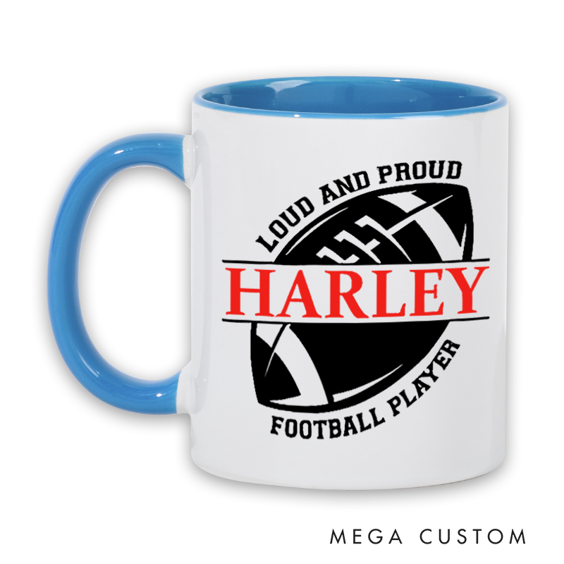 Personalized Rugby Mug with Custom Name Loud and Proud Football Player Design Durable Ceramic and Two Tone Handle