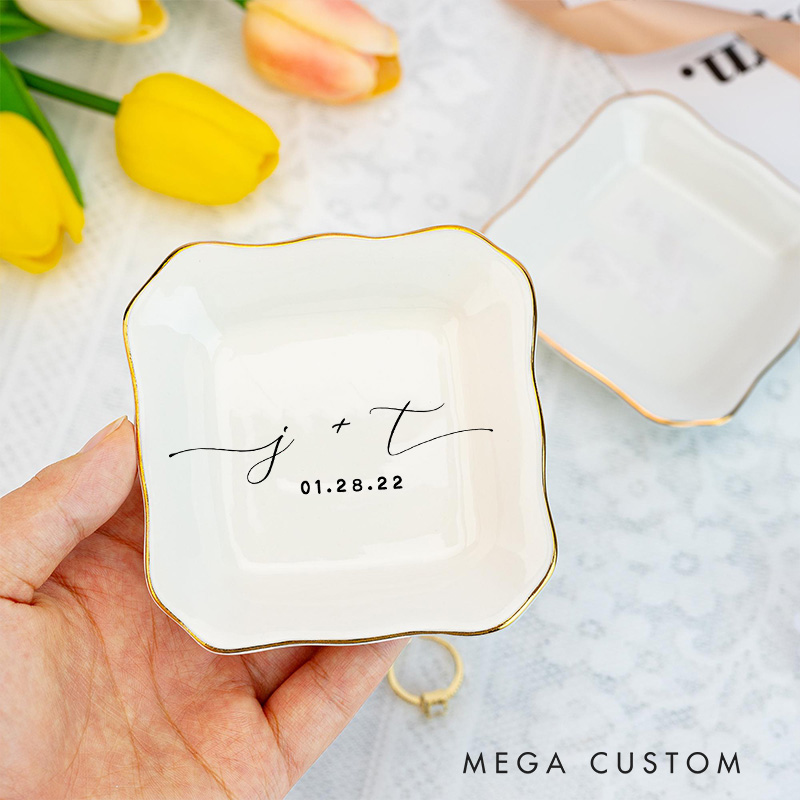 Personalized Minimalist Initials with Date Wedding Engagement Gold-Trimmed Irregular Edge Square Ring Dishes