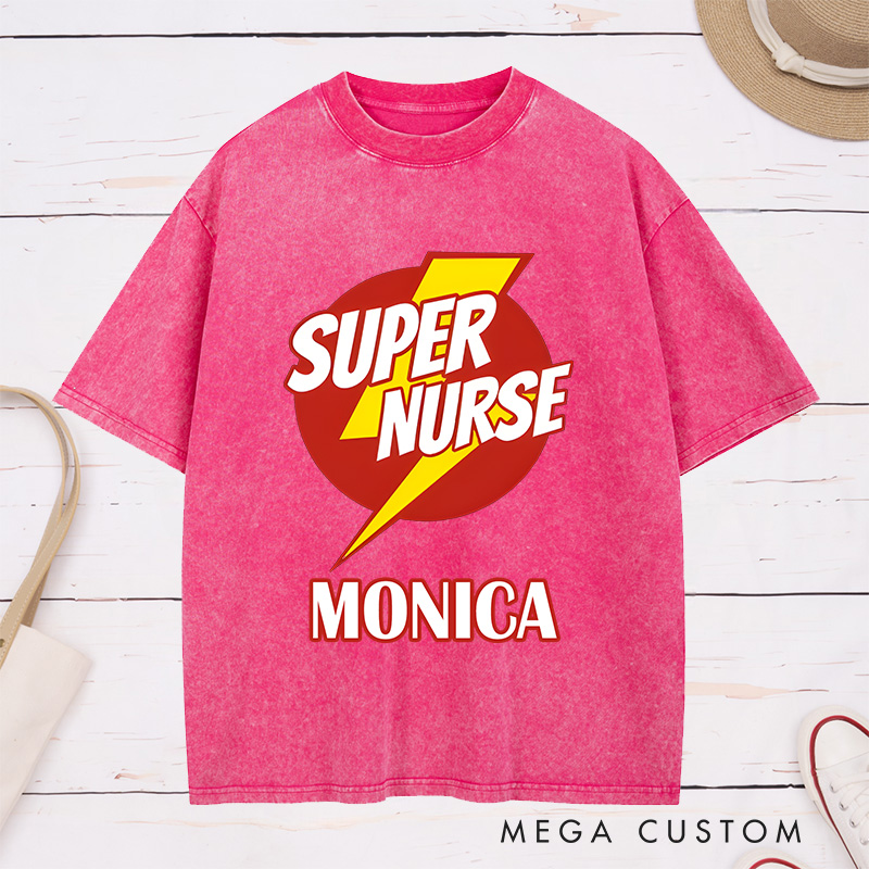 Personalized Nurse Washed T-Shirt Customized Super Nurse Design Washed T-Shirt 