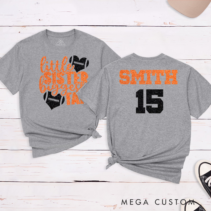 Personalized American Football and Rugby T-Shirts for "Little Sister Biggest Fans" with Custom Name and Number on the Jersey