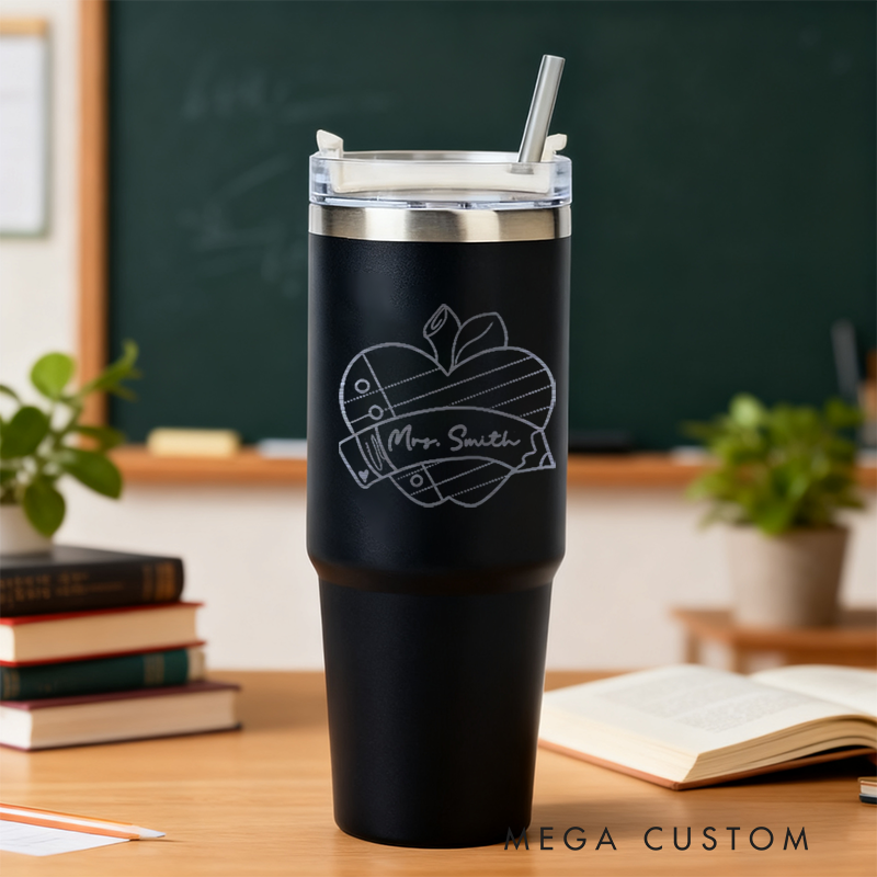 Personalized Tumbler Gift for Teacher Custom Apple Heart Design Tumbler Engraved Tumbler Gift