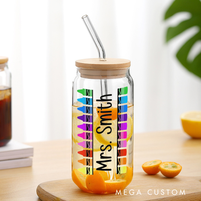 Personalized Teacher Tumbler with Lid and Straw Colored Crayons Teacher Custom Glass Coffee Cup Teacher Appreciation Gift