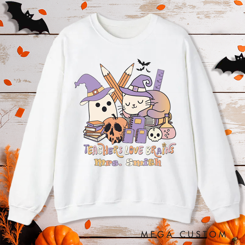 Personalized Teacher Halloween Sweatshirt Customized Teachers Love Brains Design Sweatshirt Teacher Halloween Gifts