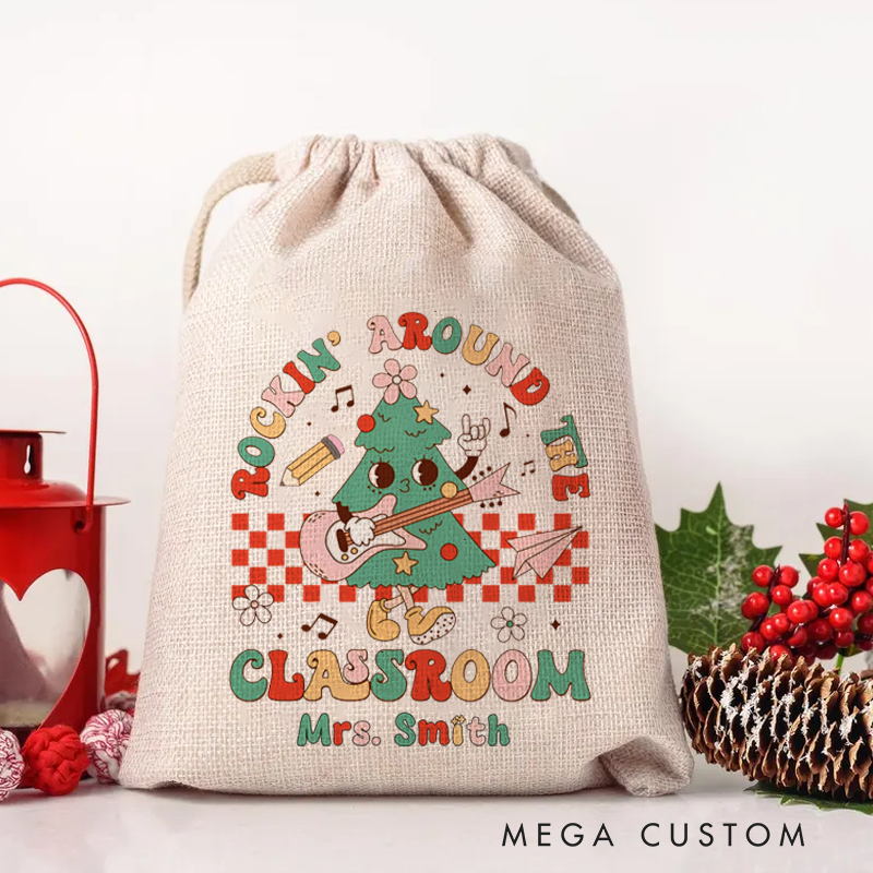 Personalised Christmas Santa Sack for Teachers Custom Rockin' Around the Classroom Design Sack Christmas Gift