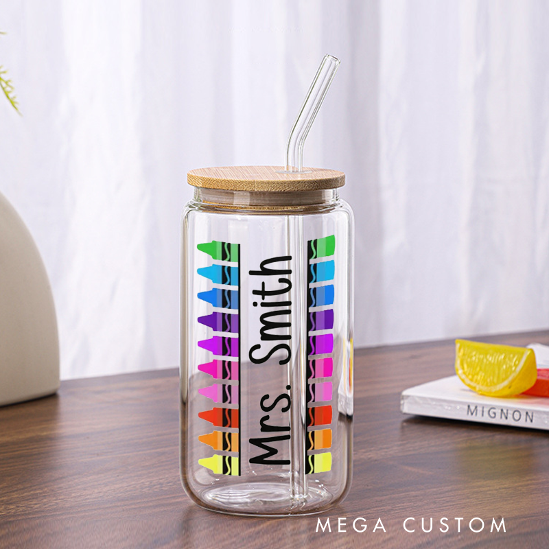 Personalized Teacher Tumbler with Lid and Straw Colored Crayons Teacher Custom Glass Coffee Cup Teacher Appreciation Gift