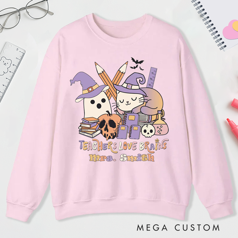 Personalized Teacher Halloween Sweatshirt Customized Teachers Love Brains Design Sweatshirt Teacher Halloween Gifts