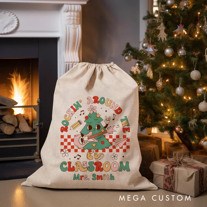 Personalised Christmas Santa Sack for Teachers Custom Rockin' Around the Classroom Design Sack Christmas Gift