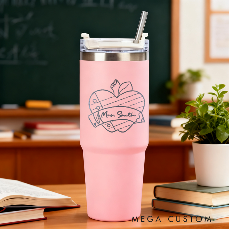 Personalized Tumbler Gift for Teacher Custom Apple Heart Design Tumbler Engraved Tumbler Gift