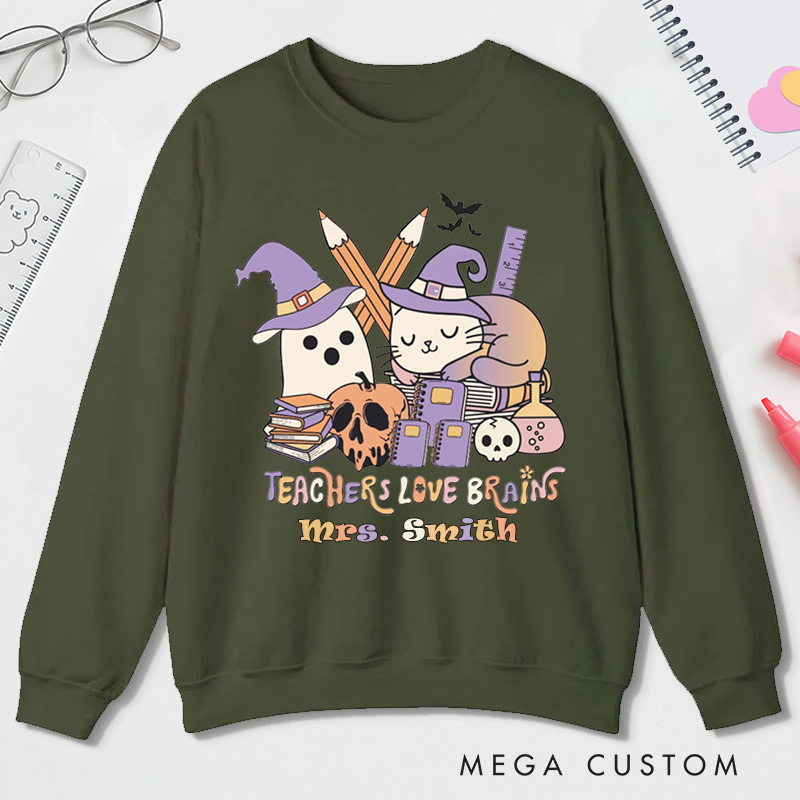 Personalized Teacher Halloween Sweatshirt Customized Teachers Love Brains Design Sweatshirt Teacher Halloween Gifts