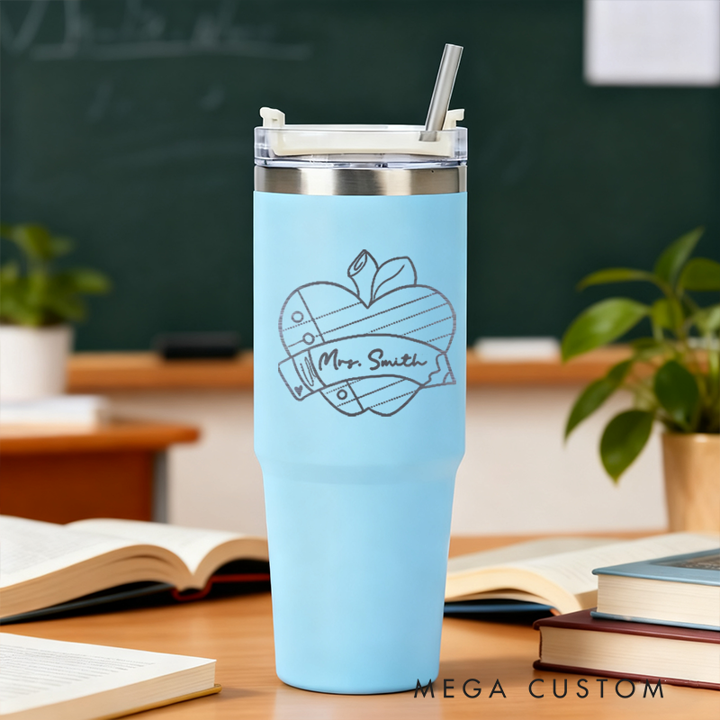 Personalized Tumbler Gift for Teacher Custom Apple Heart Design Tumbler Engraved Tumbler Gift