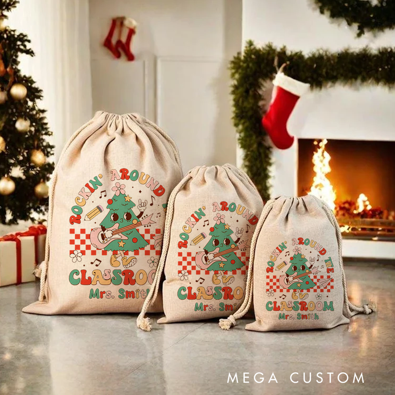 Personalised Christmas Santa Sack for Teachers Custom Rockin' Around the Classroom Design Sack Christmas Gift
