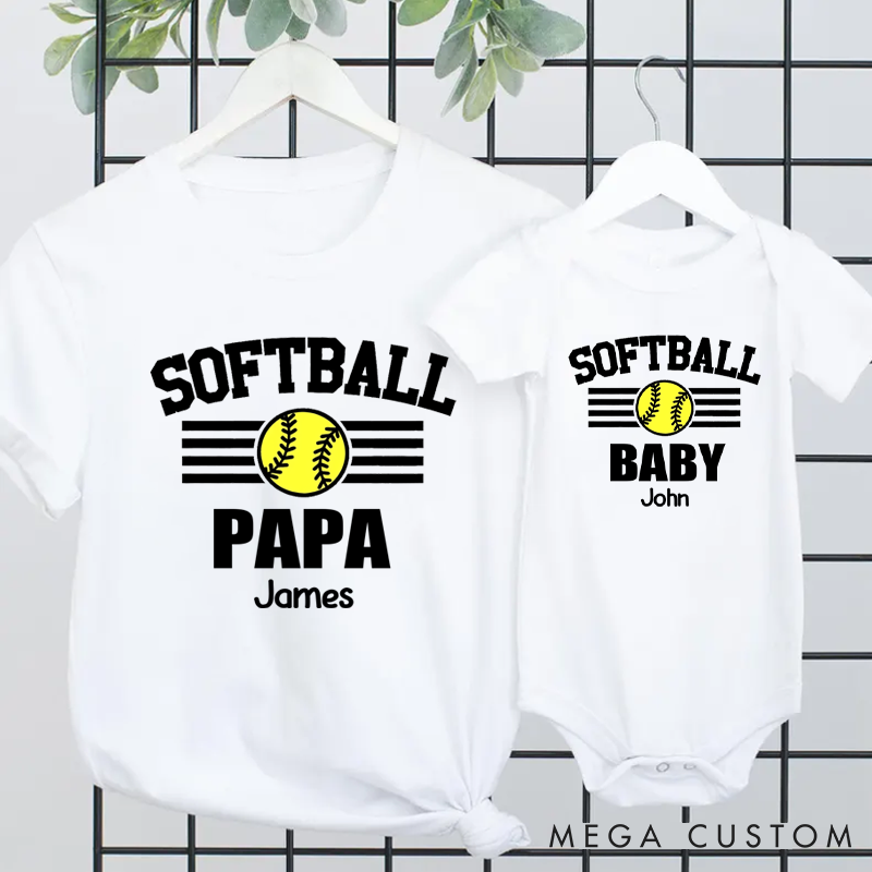 Personalized Softball Papa and Baby Stripe Design Family Theme Matching Outfit