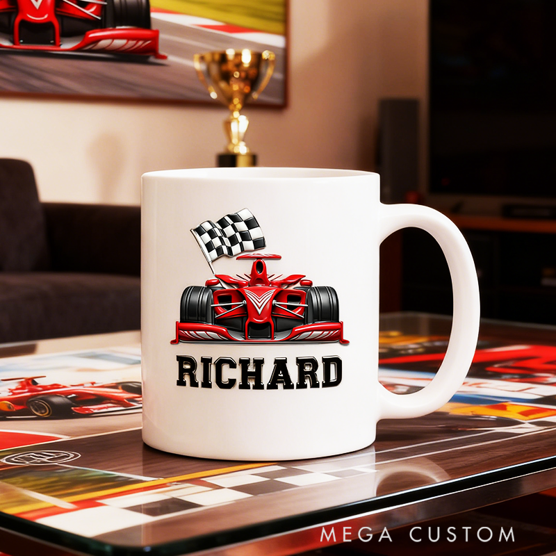 Personalized Checkered Flag Racing Car Ceramic Mug Custom Name Mug Gifts