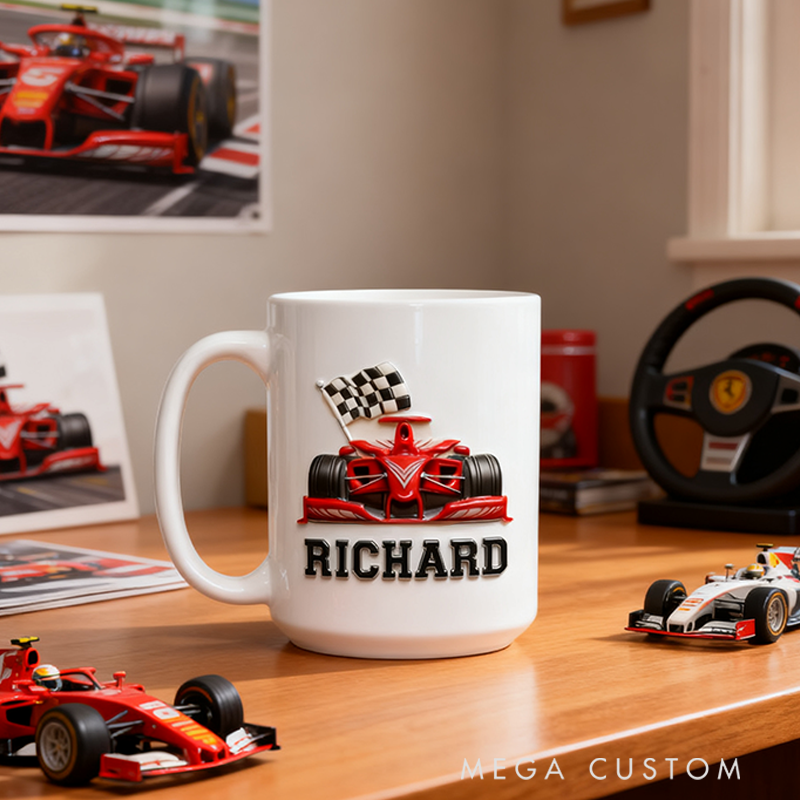 Personalized Checkered Flag Racing Car Ceramic Mug Custom Name Mug Gifts