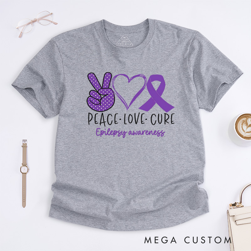 Personalized Peace Love Cure Hearts and Ribbon Design Supporting Epilepsy Awareness and Positivity T-shirt