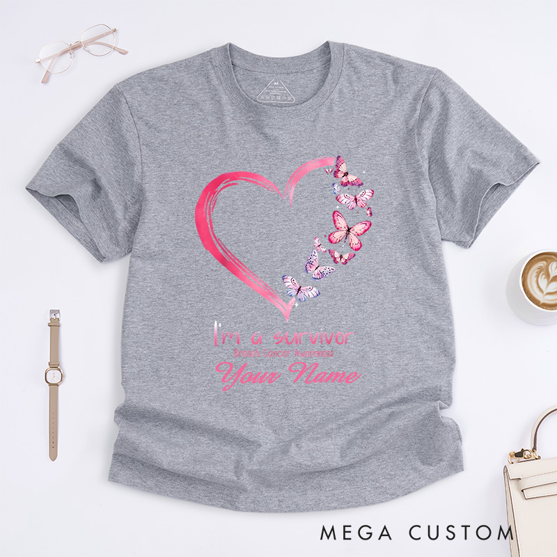 Personalized I Am A Survivor Breast Cancer Awareness Heart And Butterfly Support T-Shirt  