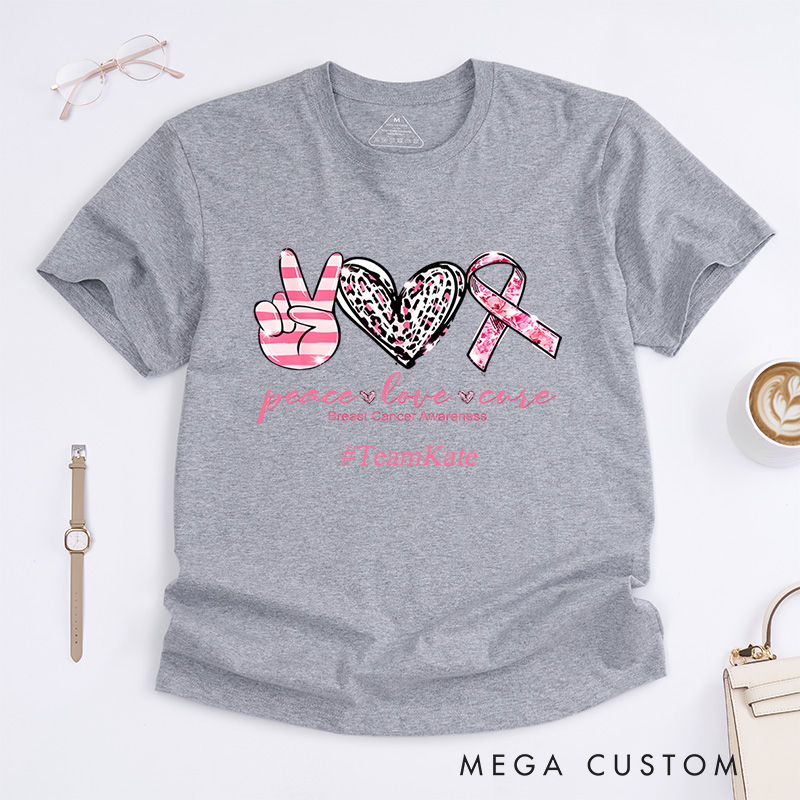 Personalized Peace Love Cure Breast Cancer Awareness Ribbon And Heart Support T-Shirt  