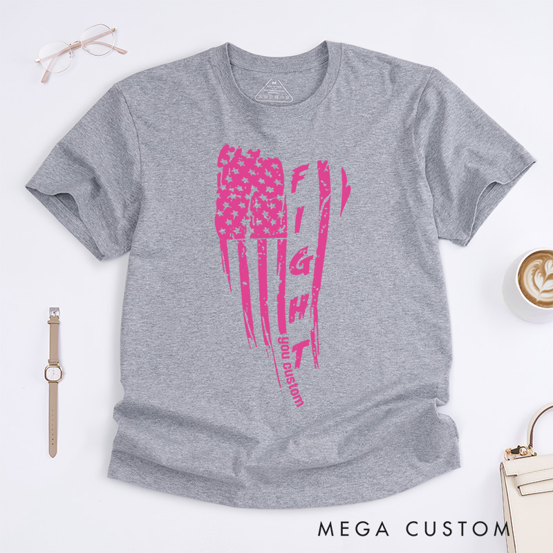 Personalized Fight American Flag Breast Cancer Ribbon Design Supporting Strength and Resilience T-shirt