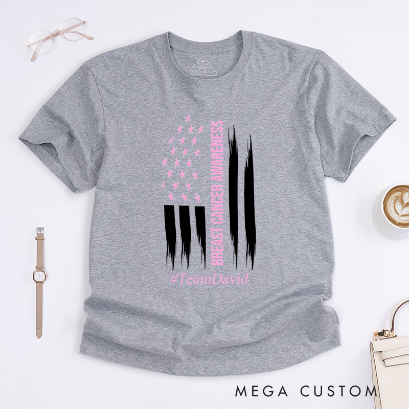 Personalized Breast Cancer Awareness American Flag Pink Ribbon Support Advocacy T-Shirt  