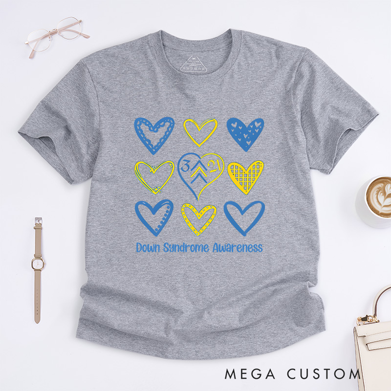 Personalized Down Syndrome Awareness Heart Pattern Support Inclusion Advocacy T-shirt